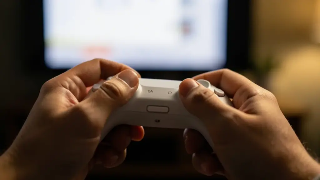 Hands holding a white game controller in a dim room