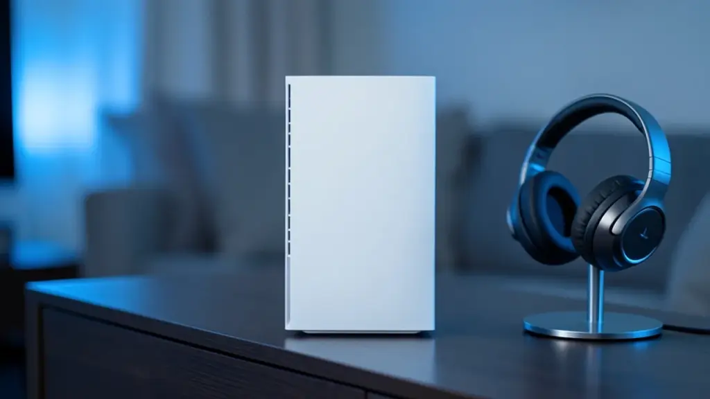 A white game console on a TV cabinet beside a headset on a stand