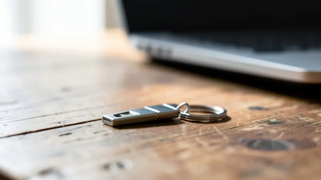 Hardware security key on a keyring beside a laptop