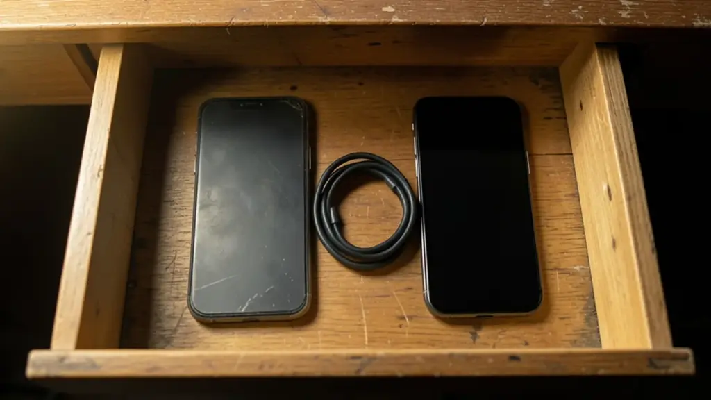 Two smartphones in a desk drawer kept as backup devices