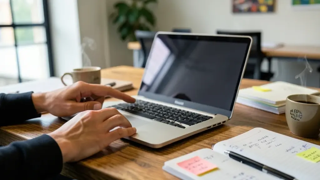 Two coworkers pointing at a laptop on a shared table