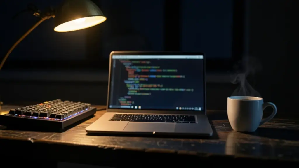 A laptop with blurred code on a desk at night beside a coffee cup