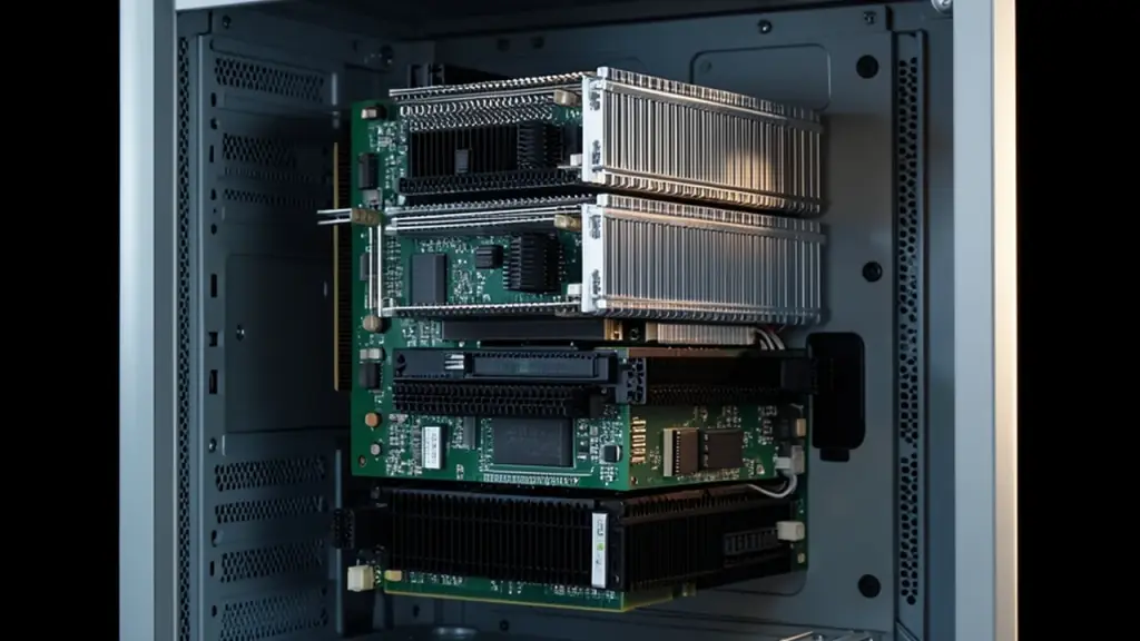 Close-up of graphics processor boards with heat sinks inside a server