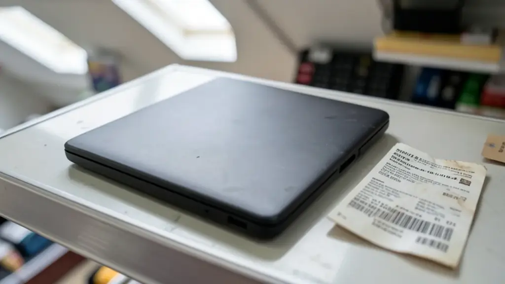 Closed budget laptop on a store shelf next to receipt and price tag, three-quarter overhead.