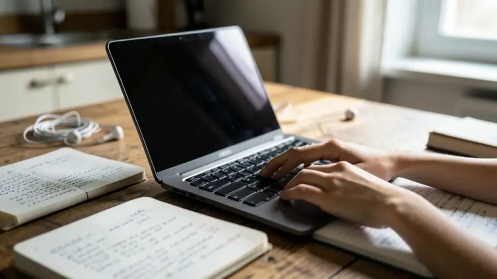 Student hands typing on small laptop at kitchen table with notebooks, earbuds nearby.
