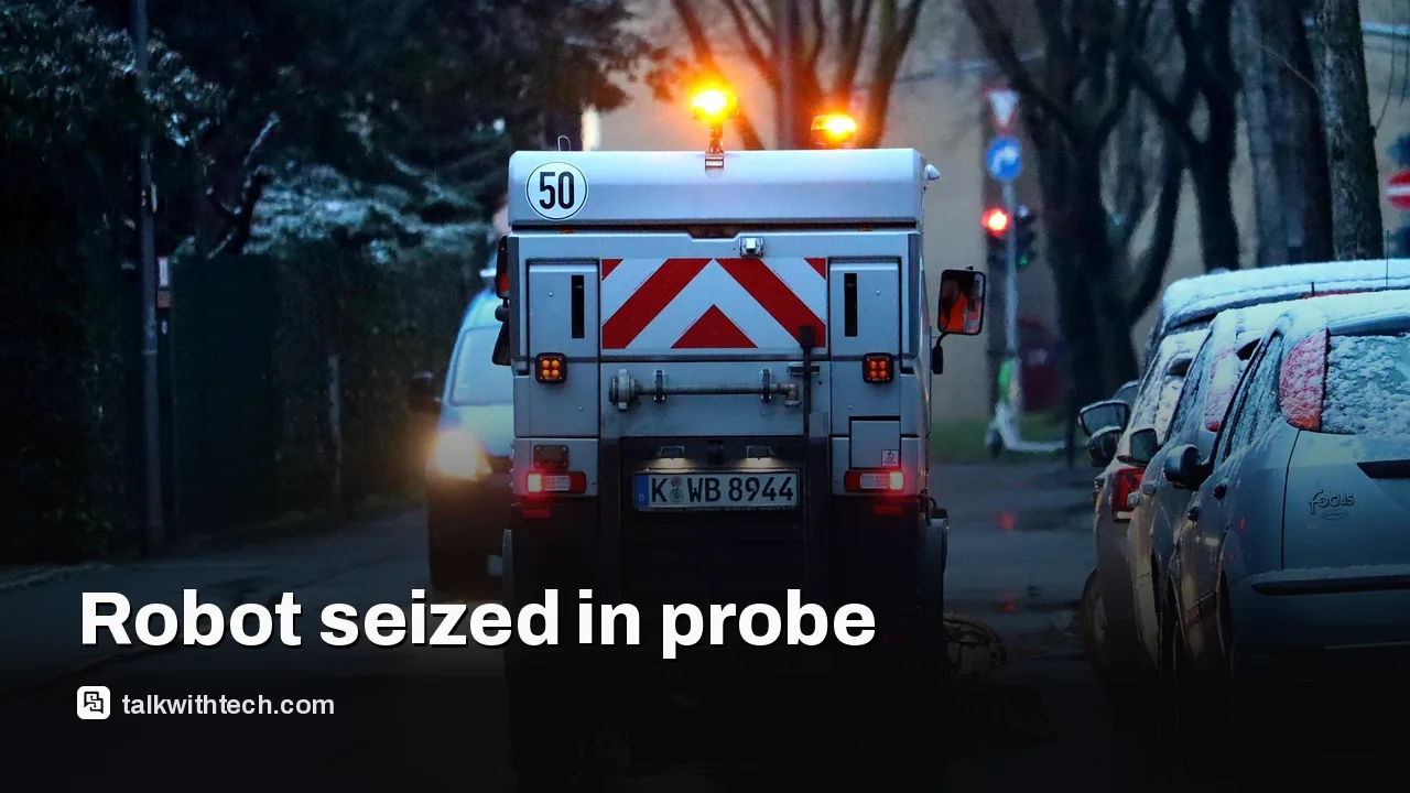 Public safety officials inspect a robot in a public area