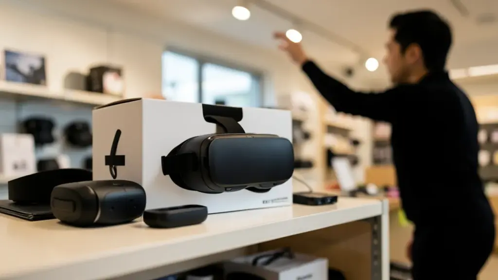 Side view of VR headset on retail shelf with silhouette reaching