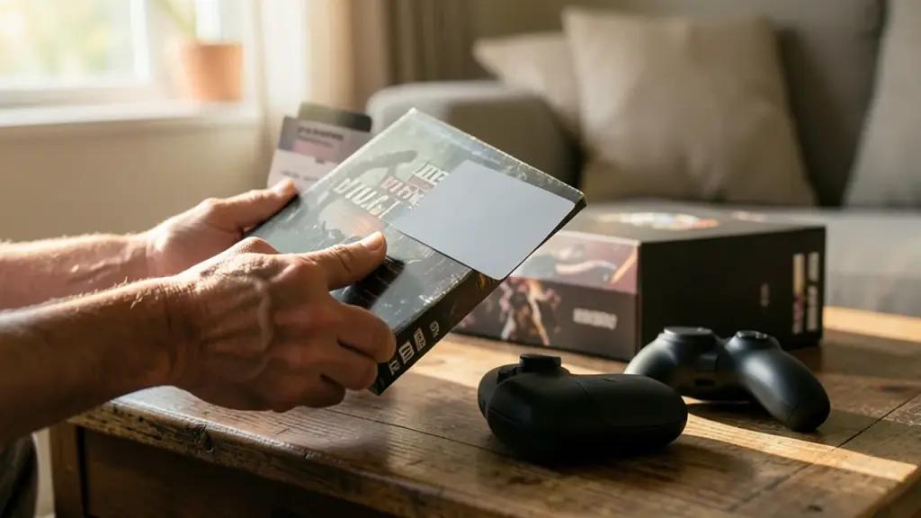 Hands holding game case beside subscription card and VR controllers on coffee table
