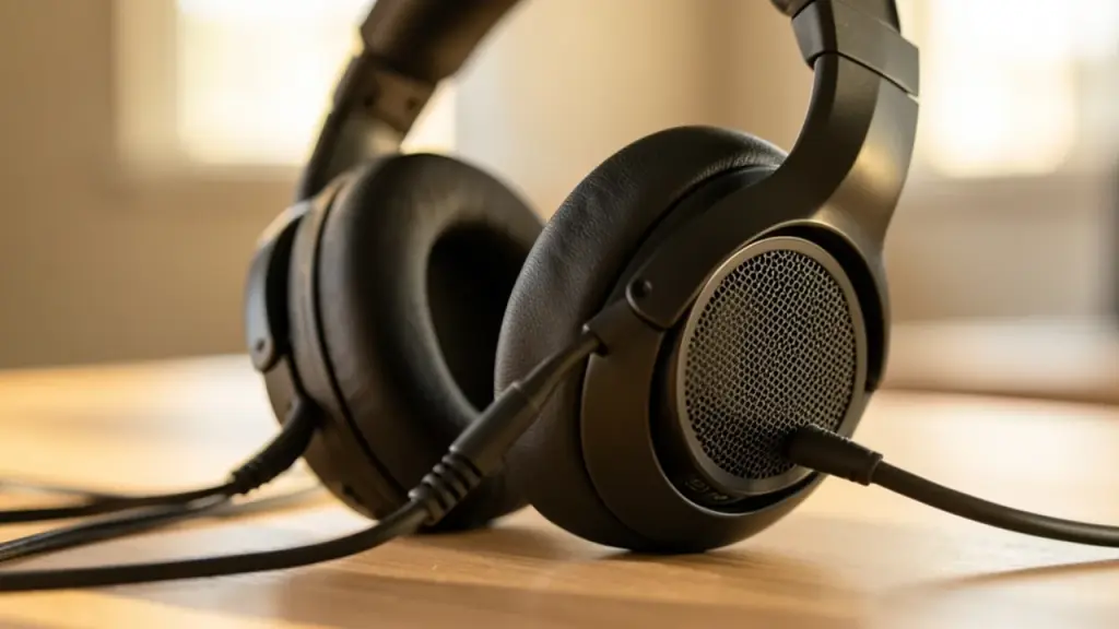 Close-up of open-back headset ear cups highlighting design and bass-tube area.