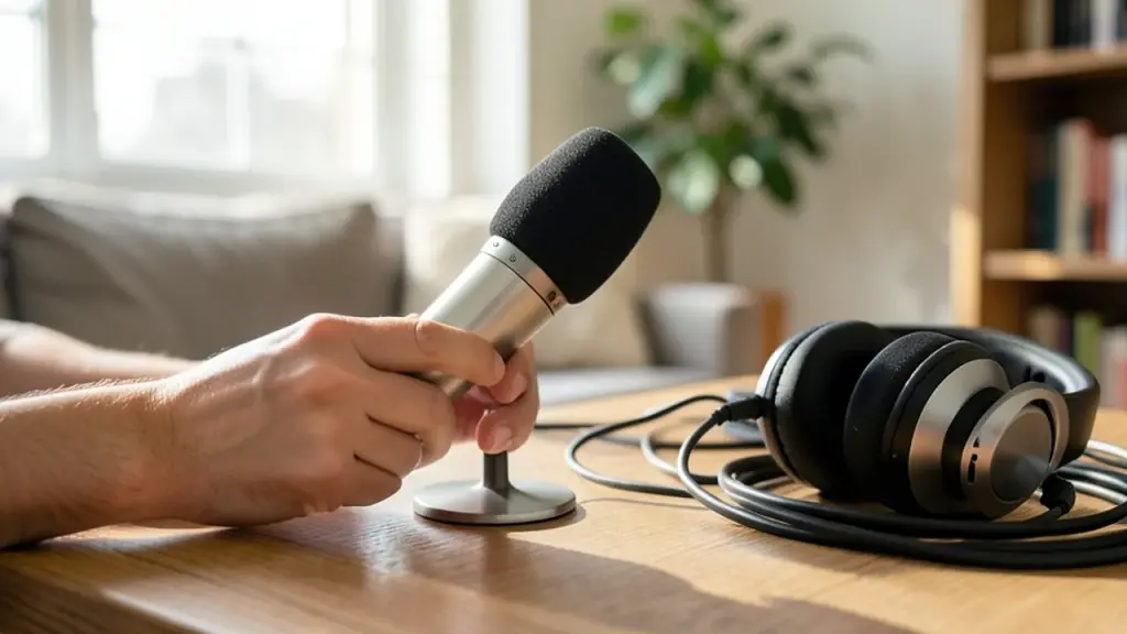 Hands adjusting mic on headset in a cozy home setup.