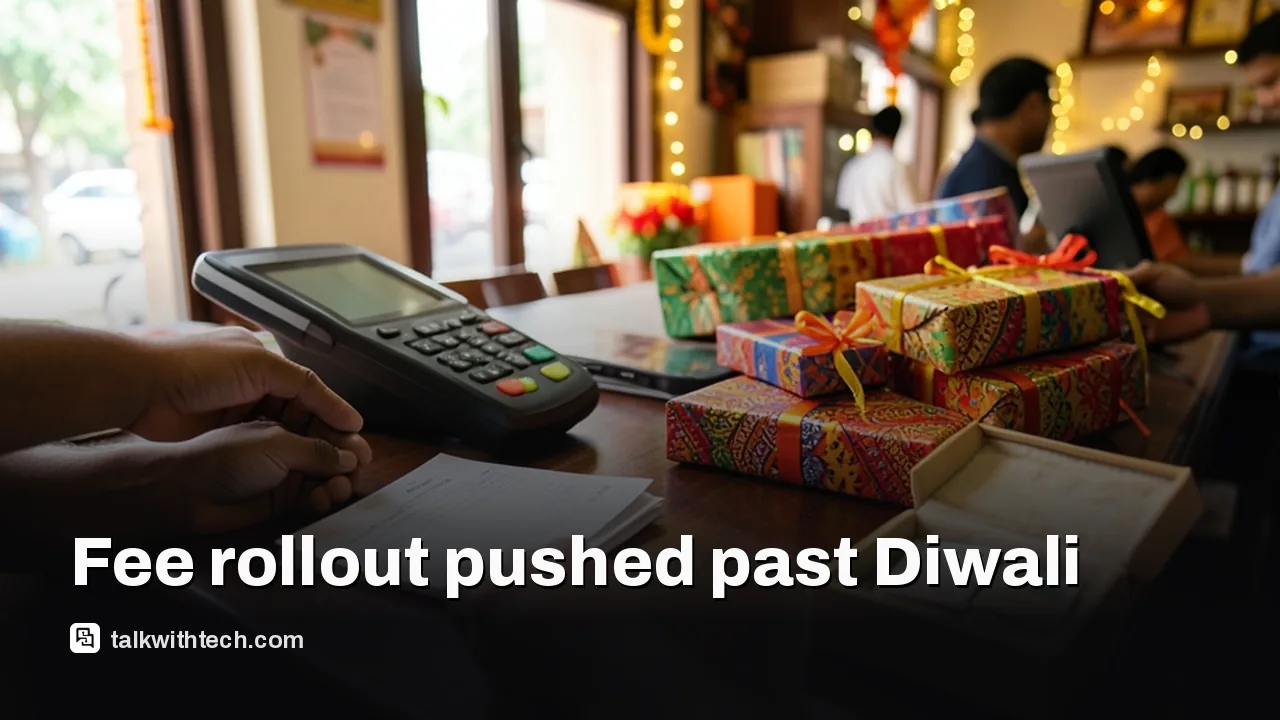 Cashier hands, payment terminal turned away, Diwali gifts on a shop counter.