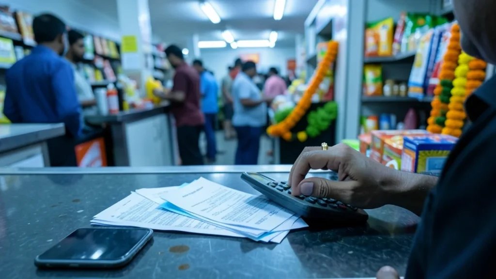 Shopkeeper hesitating over invoices, face-down phone on counter in busy kiosk.