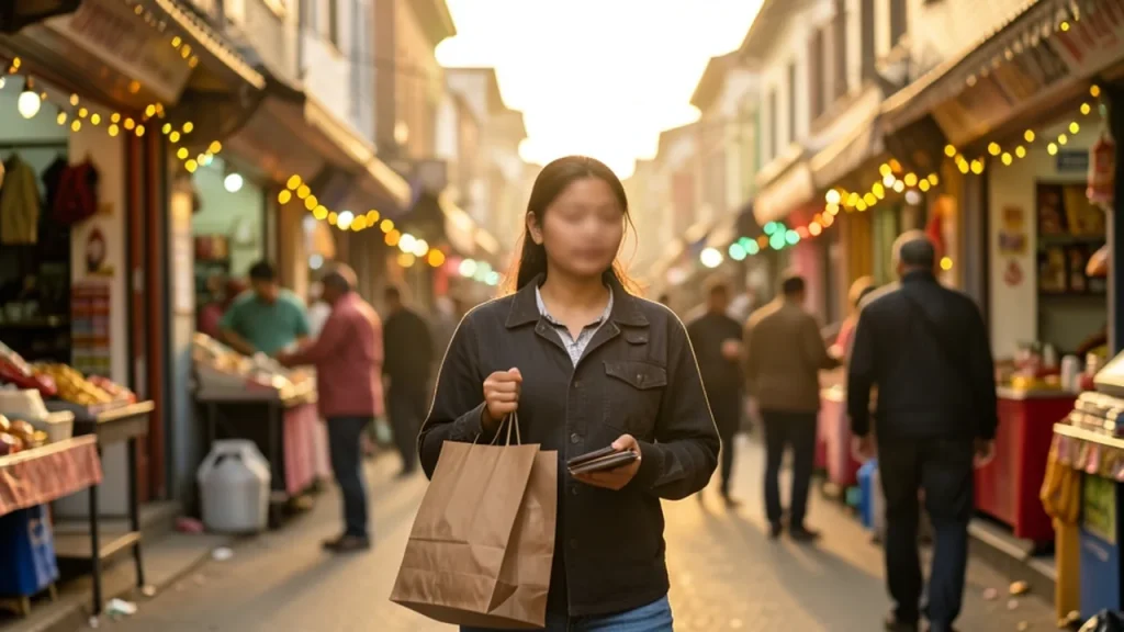 Shopper with bag and wallet pauses outside small shops under festive lights.