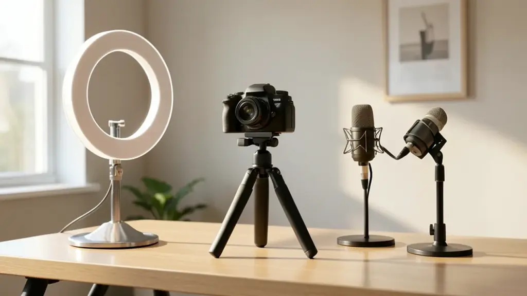Home video studio with a camera on a tripod, a ring light and microphones