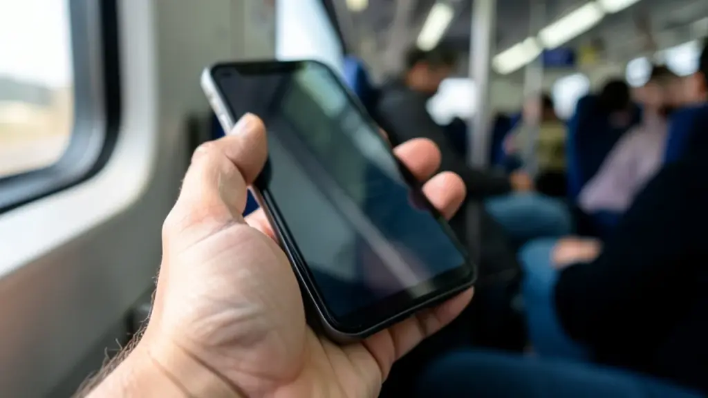 Hand holding a smartphone sideways on a train