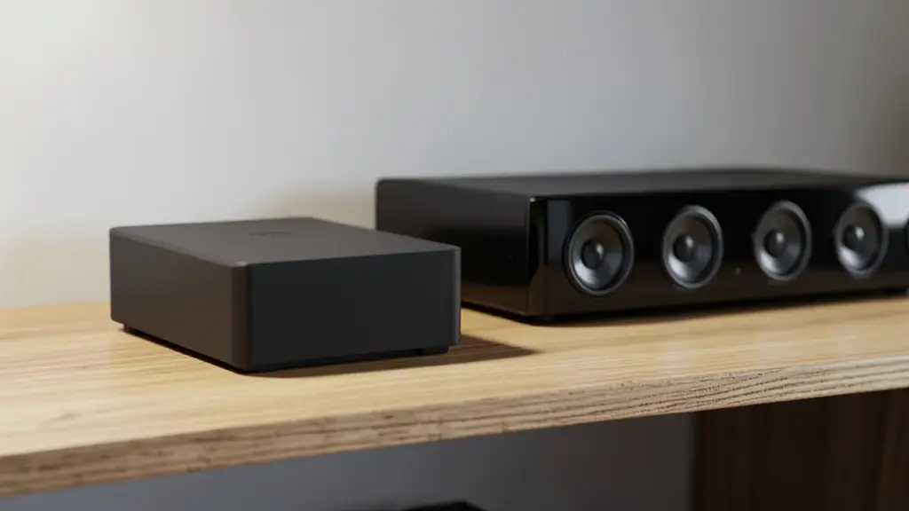 A small streaming box on a wooden media shelf