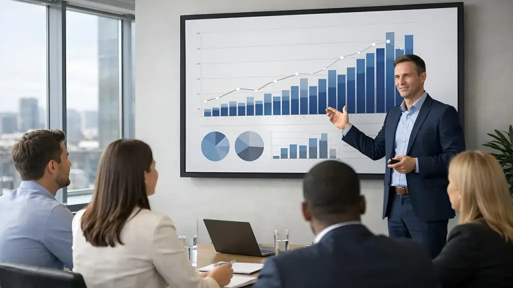 Redner präsentiert Prozessor‑Charts auf einer Tech‑Veranstaltung