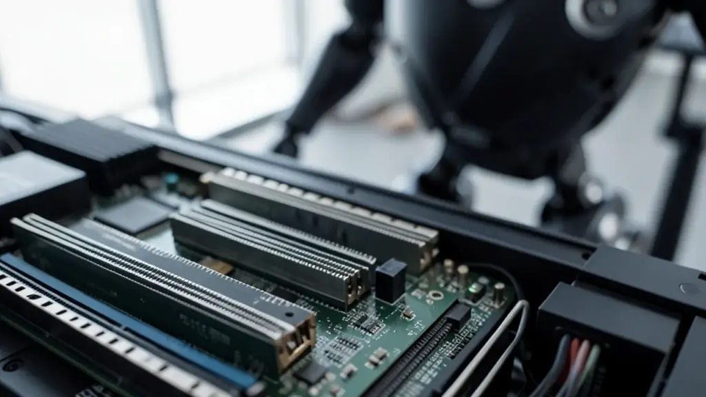 Close-up of AI processing module with robot silhouette in background.
