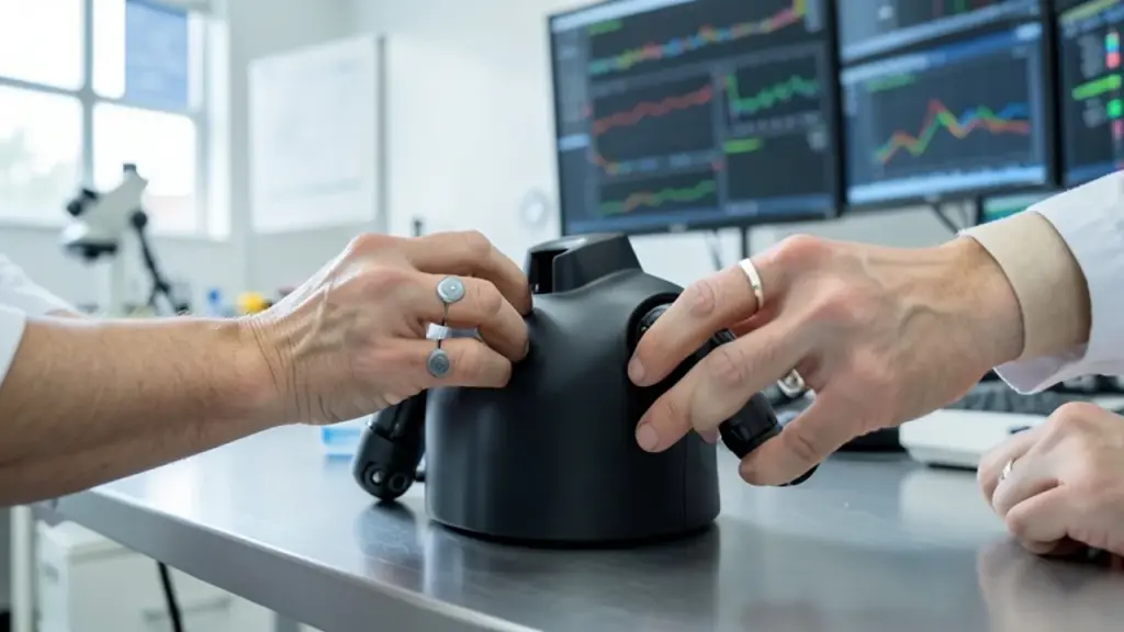 Technician calibrating sensors on a robotic torso.