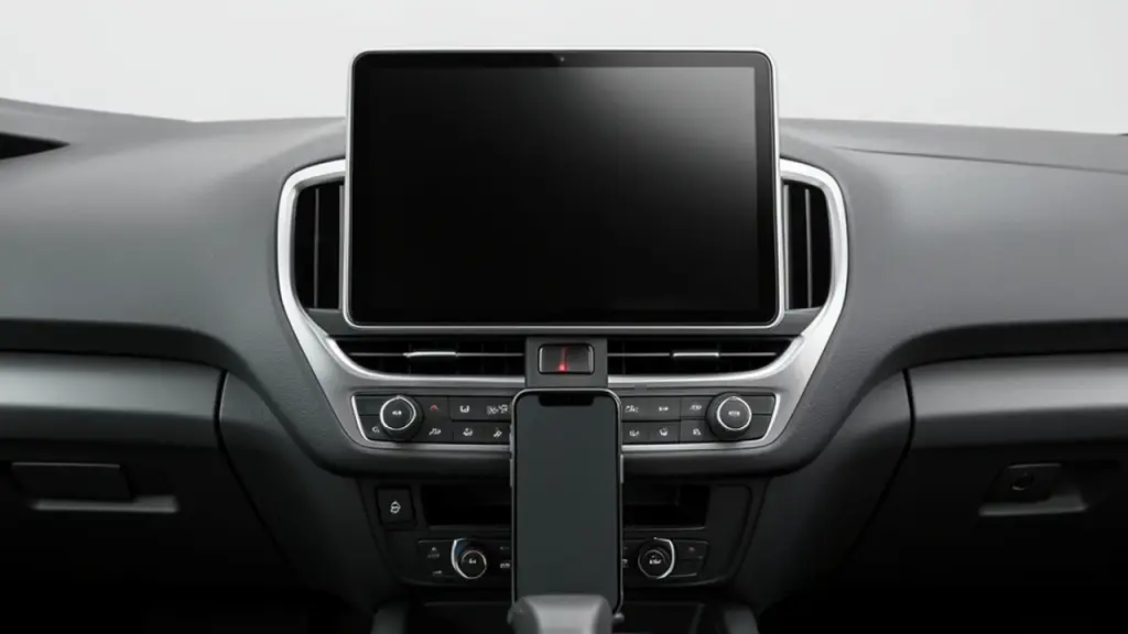 A car dashboard with a blank infotainment screen and a mounted phone