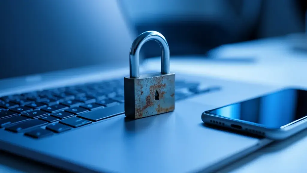A padlock on a laptop keyboard beside a smartphone