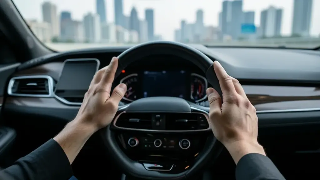 Driver with modern car interior and phone, safe driving focus