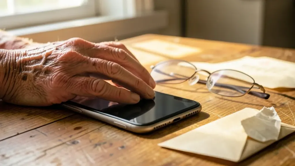 Smartphone face down on a kitchen table beside reading glasses