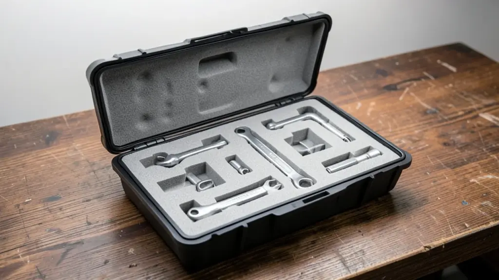 A hard-shell case on a workbench holding repair tools in foam slots