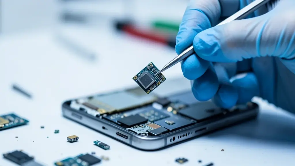 Gloved hands lifting a small camera module from a phone with tweezers