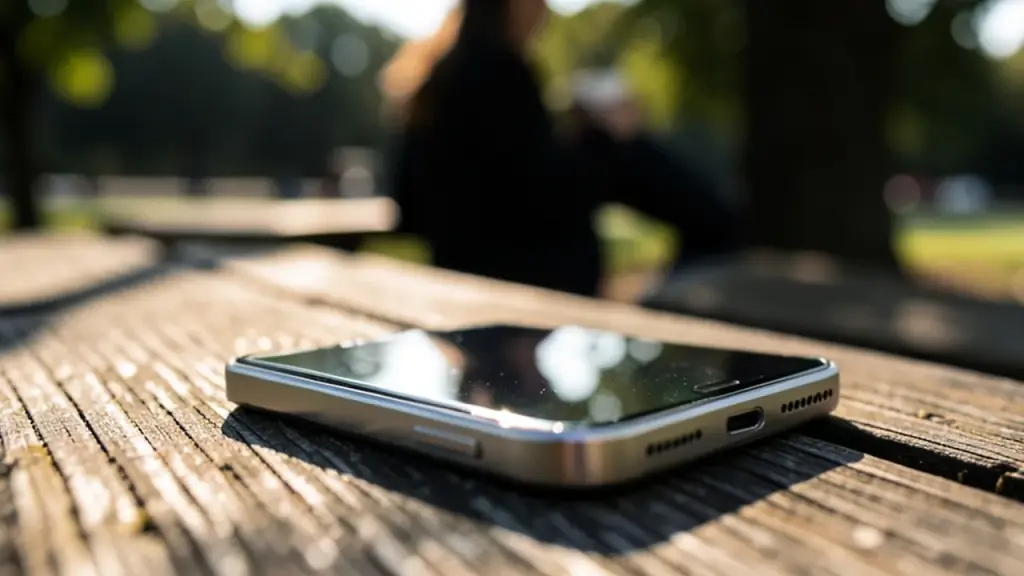 2011-style smartphone with stainless frame on a sunlit park bench