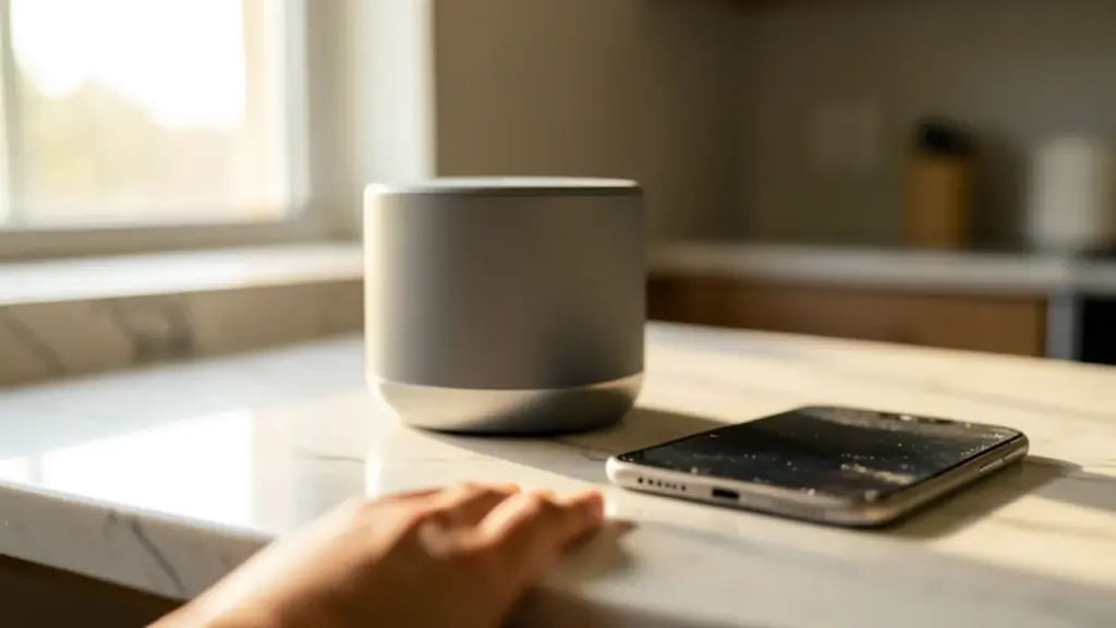 Hand reaching for a smart speaker beside a 2011-style smartphone on a kitchen counter