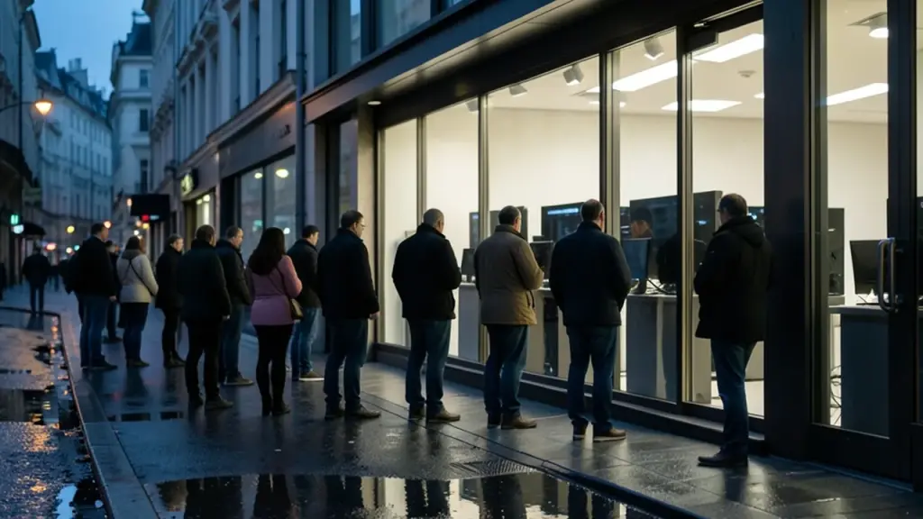 Shoppers waiting outside a glass-fronted electronics store at dawn