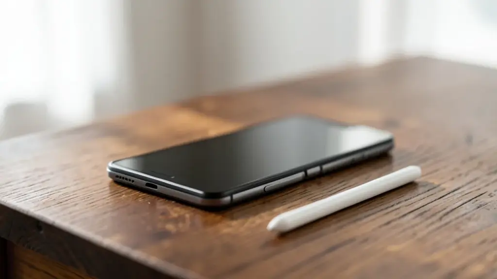 Half-open folding phone next to a stylus on a table