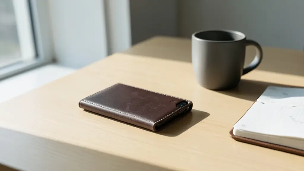 Leather iPhone Duo case on a home/office desk.