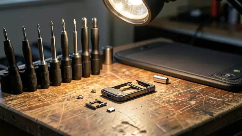 Repair bench with small tools and a disassembled folding phone hinge under a magnifying lamp