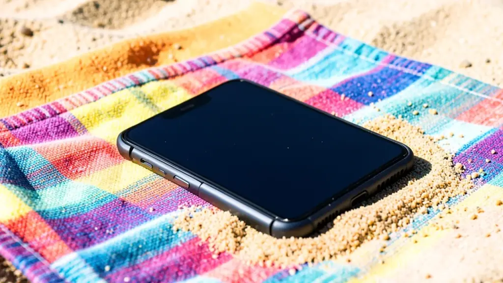 Closed folding phone on a beach towel with grains of sand near the hinge