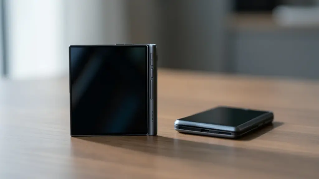 Two foldable phones on a desk, one open and one closed
