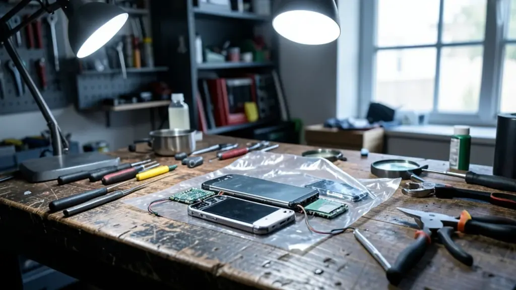 Repair bench with tools and a thin screen protector film