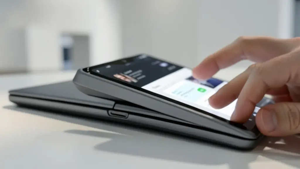Close-up of the Duos hinge and partial fold showing multitasking capability.