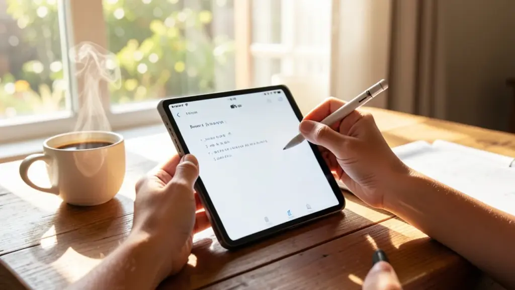 Person using foldable iPhone Duo in living room for multitasking.
