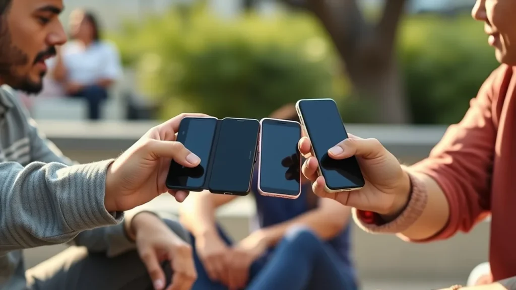 Group passing and opening foldable phones, showing sharing and imitation