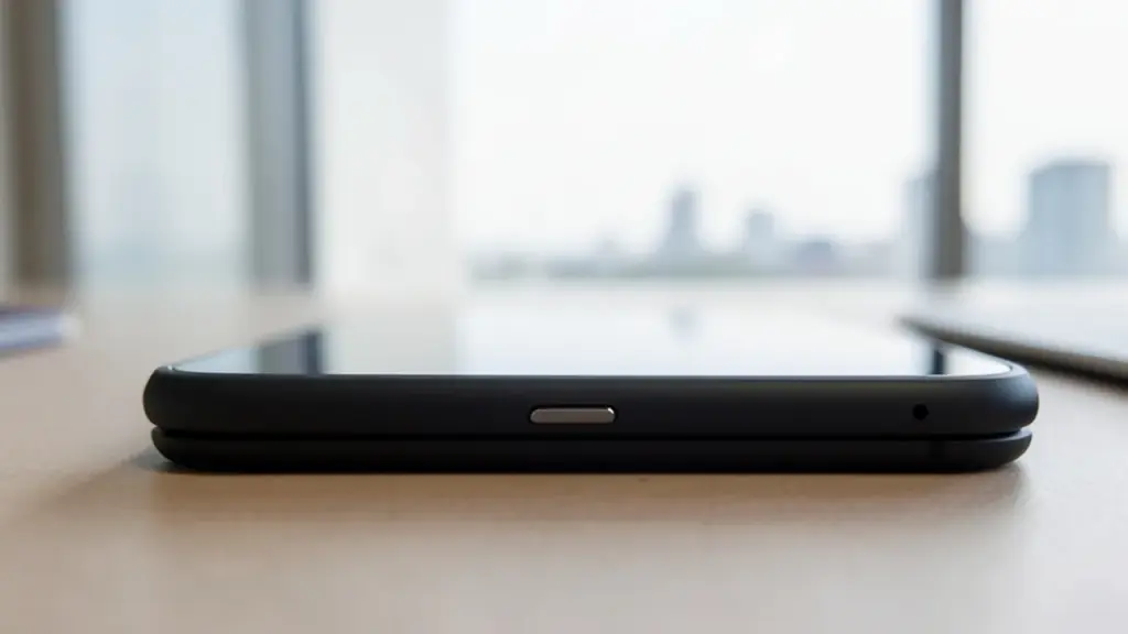 Detail of folded iPhone Duo hinge and matte finish.
