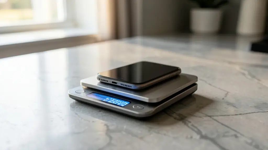 Folded smartphone resting on a kitchen scale