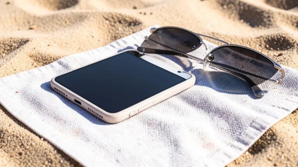 Foldable phone on a beach towel beside sunglasses
