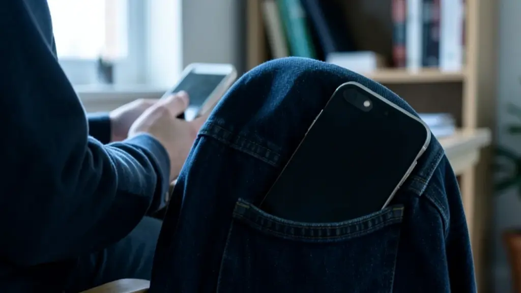 Hand holding a secondary iPhone, main iPhone in jacket pocket