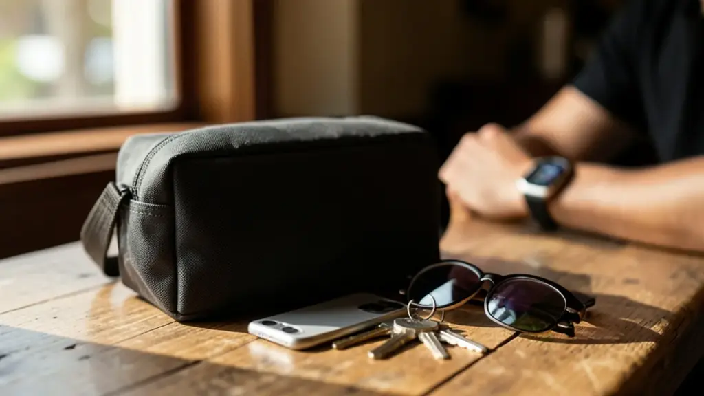 Travel bag with secondary iPhone beside keys and sunglasses on a cafe table