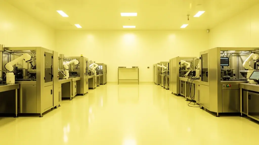 Rows of automated equipment in a chip factory clean room