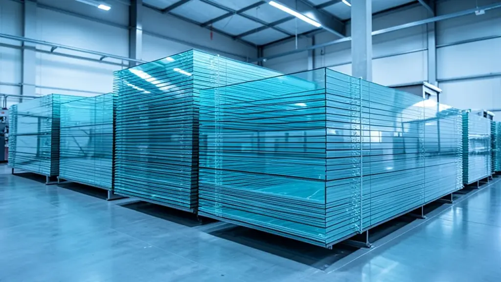 Sheets of specialty glass stacked on factory racks