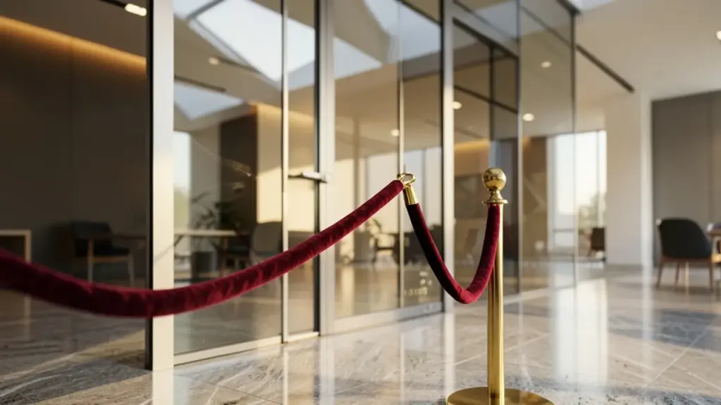 A velvet rope in front of a glass door in a modern office lobby