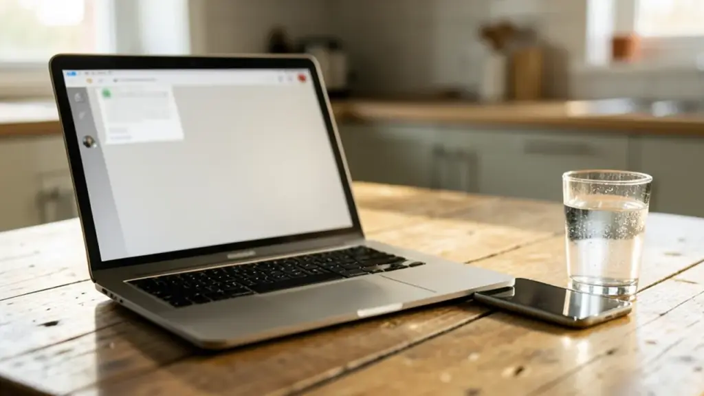 A laptop with a blurred chat window on a kitchen table